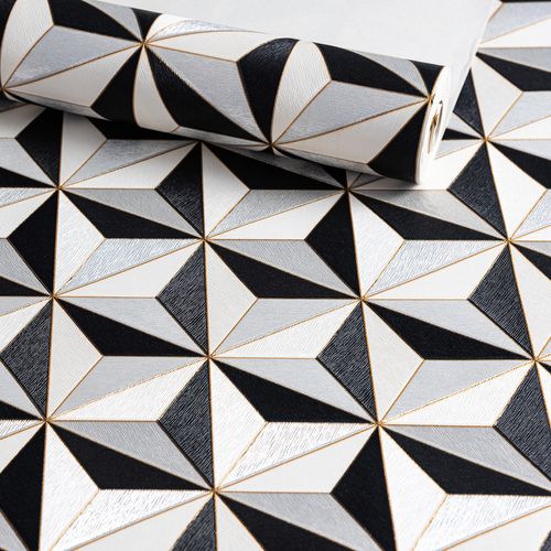 Papel de Parede Decoratto Preto e Branco 3D Geométrico - Medidas: 10 metros x 53 cm