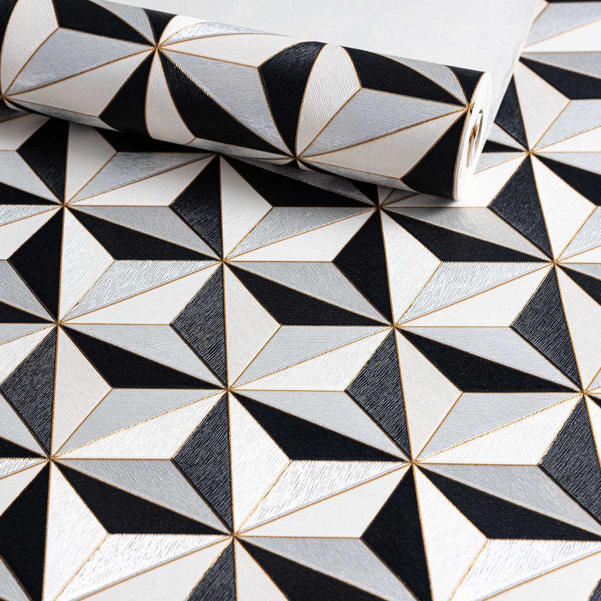 Papel de Parede Decoratto Preto e Branco 3D Geométrico - Medidas: 10 metros x 53 cm