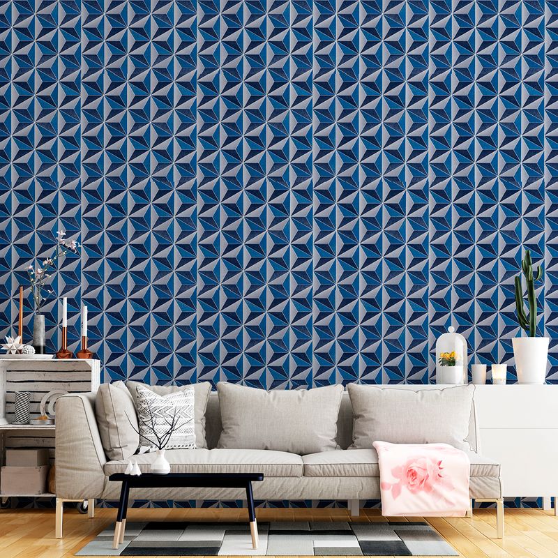 Sala-decorada-com-o-Papel-de-parede-geometrico-tridimensional-azul
