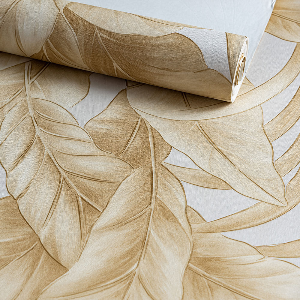 Papel de Parede Decoratto Folhas Bege e Creme - Medidas: 10 metros x 53 cm
