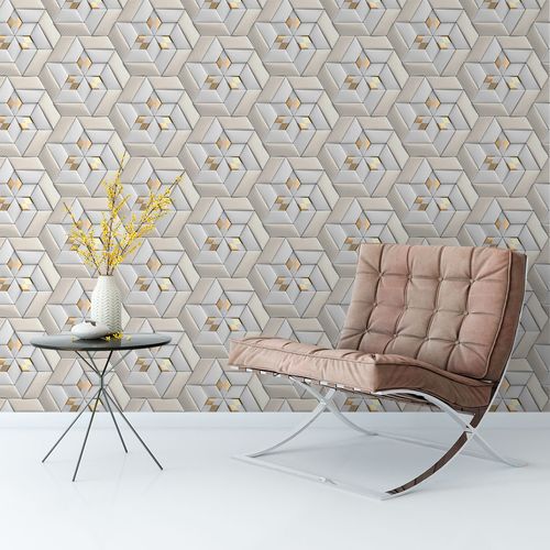 Papel de Parede Adesivo 3D Roses Cinza e Dourado - Medidas: 48 x 300 cm