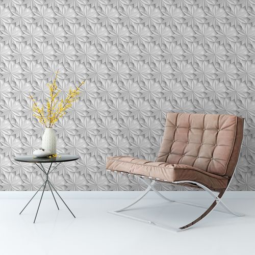 Papel de Parede Adesivo 3D Flowers Branco e Cinza - Medidas: 48 x 300 cm