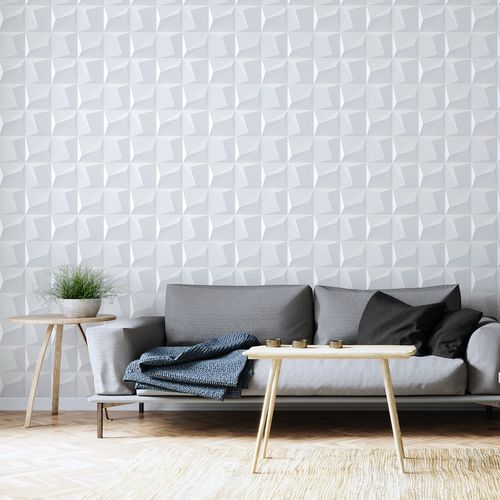 Papel de Parede Adesivo 3D Squares Cinza e Branco - Medidas: 48 x 300 cm