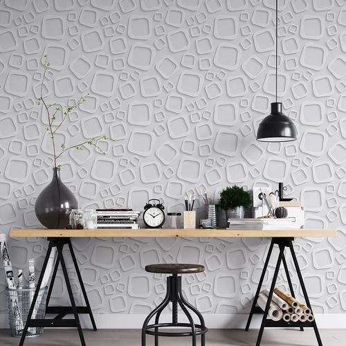 Papel de Parede Adesivo 3D Quadradinhos Branco e Cinza - Medidas: 48 x 300 cm