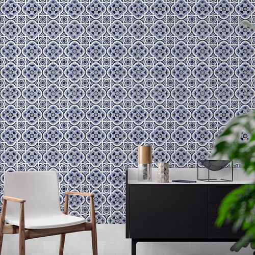 Papel de Parede Adesivo Azulejo Branco e Azul Escuro