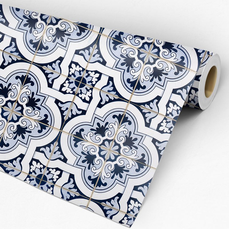 Rolo de papel de parede azulejo branco com azul escuro