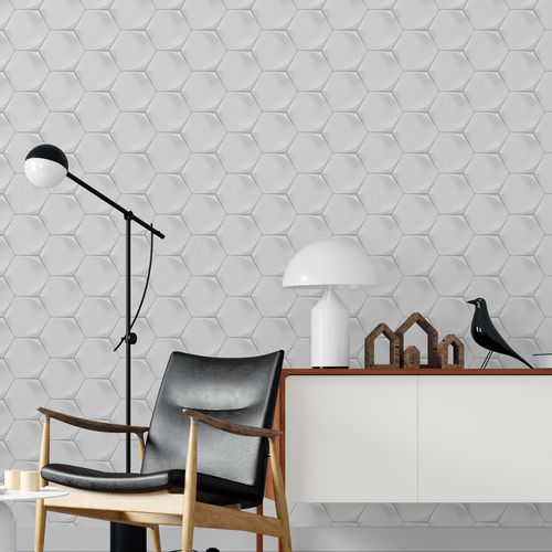 Papel de Parede Adesivo 3D Polygon Cinza e Branco - Medidas: 48 x 300 cm