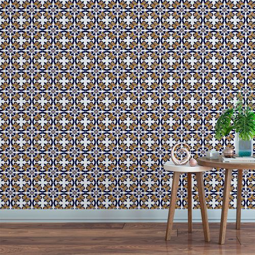 Papel de Parede Adesivo Azulejo Azul Escuro e Laranja - Medidas: 48 x 300 cm