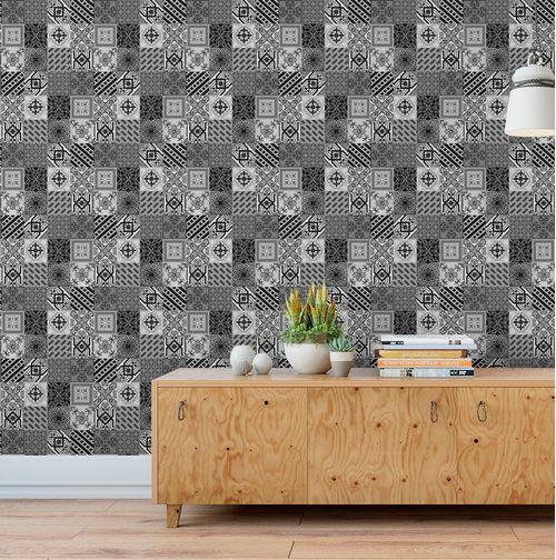 Papel de Parede Adesivo Azulejo Preto, Branco e Cinza - Medidas: 48 x 300 cm