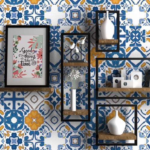 Papel de Parede Adesivo Azulejo Tons de Azul e Laranja - Medidas: 48 x 300 cm
