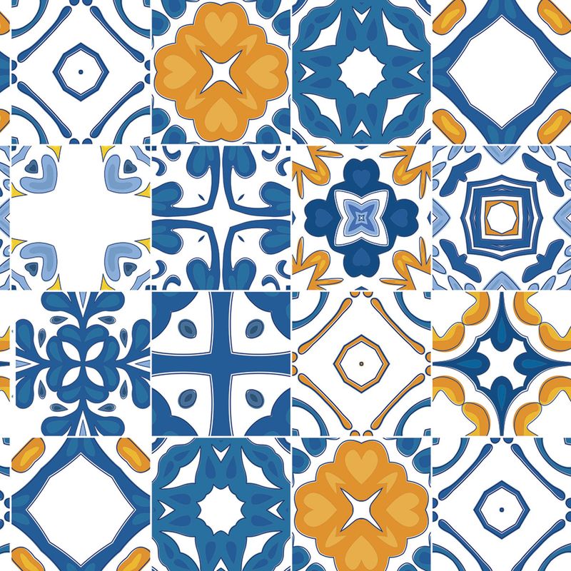 Estampa de Papel de Parede Adesivo Azulejo Tons de Azul e Laranja