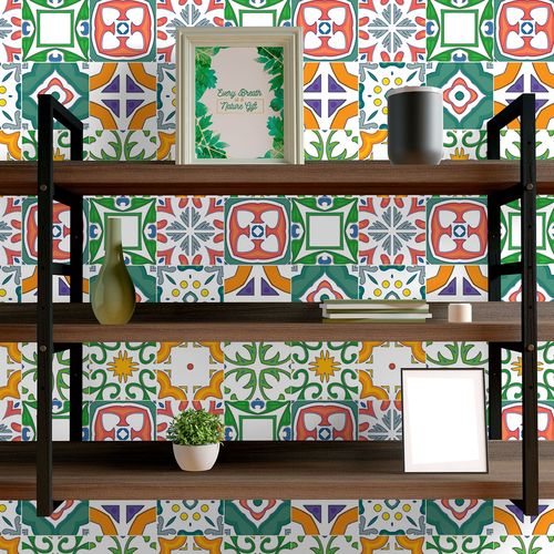 Papel de Parede Adesivo Azulejo Tons de Verde e Laranja