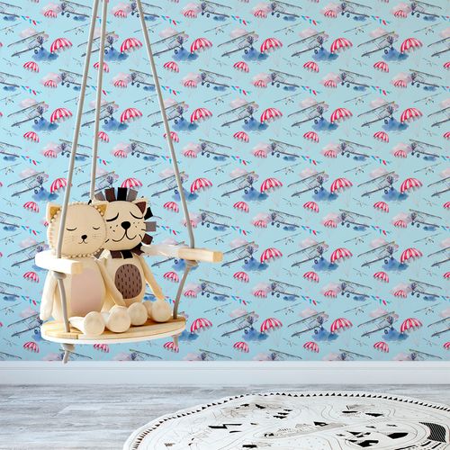 Papel de Parede Adesivo Infantil Azul Balões e Aviões - Medidas: 48 x 300 cm
