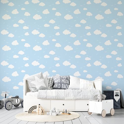 Papel de Parede Adesivo Infantil Azul Claro Céu com Nuvens - Medidas: 48 x 300 cm