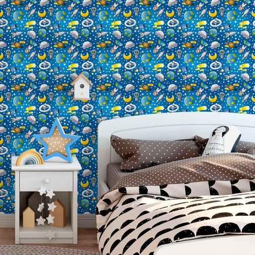 Papel de Parede Adesivo Infantil Azul Espacial Foguete ET Estrelas - Medidas: 48 x 300 cm