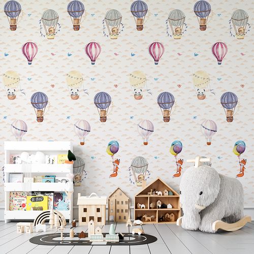 Papel de Parede Adesivo Infantil Balões e Animais Urso, Panda, Preguiça e Raposa - Medidas: 48 x 300 cm