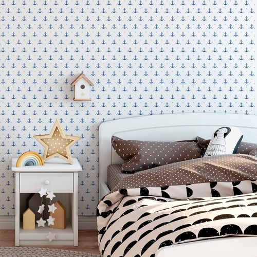 Papel de Parede Adesivo Infantil Branco Âncoras - Medidas: 48 x 300 cm