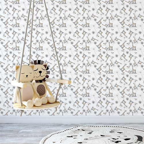 Papel de Parede Adesivo Infantil Branco Animais Girafa Passarinho - Medidas: 48 x 300 cm