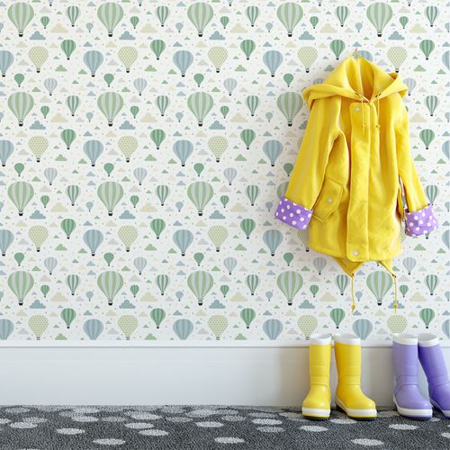 Papel de Parede Adesivo Infantil Branco Balões Verdes com Nuvens - Medidas: 48 x 300 cm
