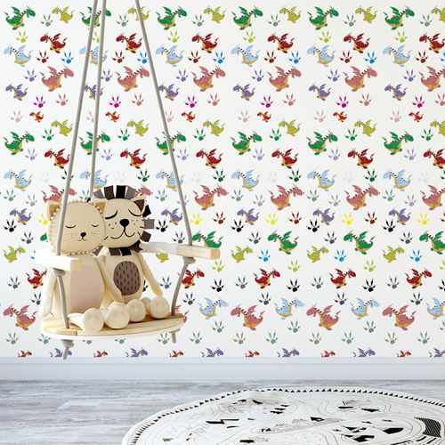 Papel de Parede Adesivo Infantil Branco Dragões Coloridos - Medidas: 48 x 300 cm