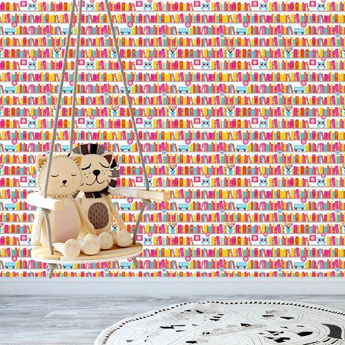 Papel de Parede Adesivo Infantil Branco Estante com Livros, Corujas e Flores - Medidas: 48 x 300 cm