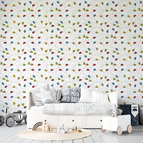 Papel de Parede Adesivo Infantil Carrinhos Coloridos - Medidas: 48 x 300 cm