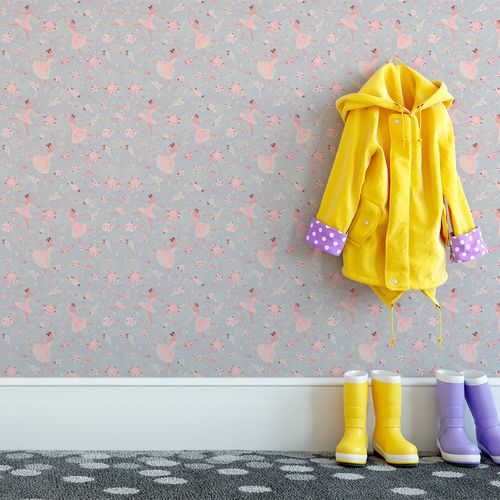 Papel de Parede Adesivo Infantil Lilás Florido com Bailarina - Medidas: 48 x 300 cm