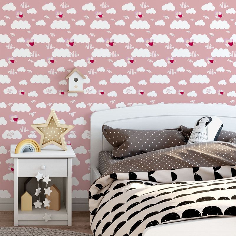 Papel de Parede Adesivo Infantil Rosa Anjos e Nuvens aplicado em quarto