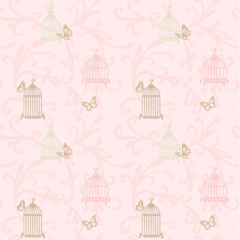 Papel de Parede Adesivo Infantil Rosa Borboletas e Gaiola