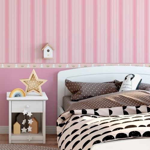 Papel de Parede Adesivo Infantil Rosa Ursinhos e Coroas - Medidas: 48 x 300 cm