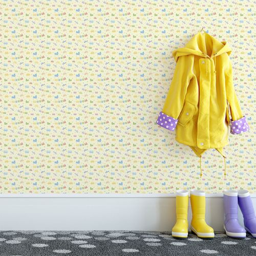 Papel de Parede Adesivo Infantil Amarelo Carros Ônibus Trem - Medidas: 48 x 300 cm
