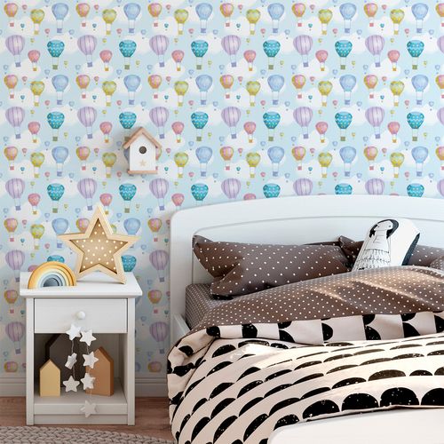 Papel de Parede Adesivo Infantil Azul Céu Balões Coloridos - Medidas: 48 x 300 cm