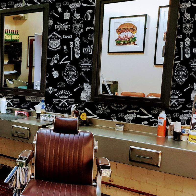 papel de parede  preto com desenhos para barbearia