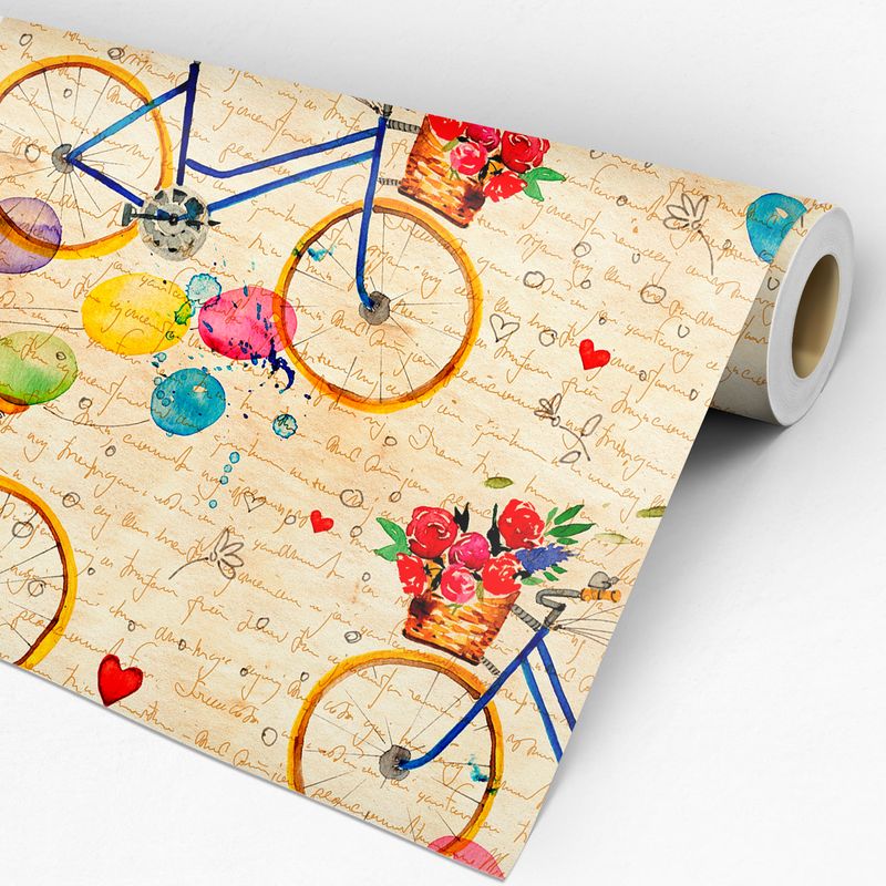 Papel de Parede Adesivo Casual Bege Bicicleta Balões Rosas