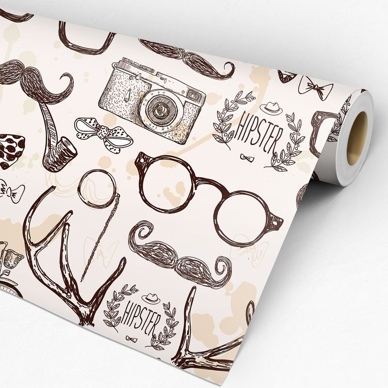 Rolo de Papel de Parede Adesivo Casual Bege Hipster Câmera Bigodes Laços Óculos