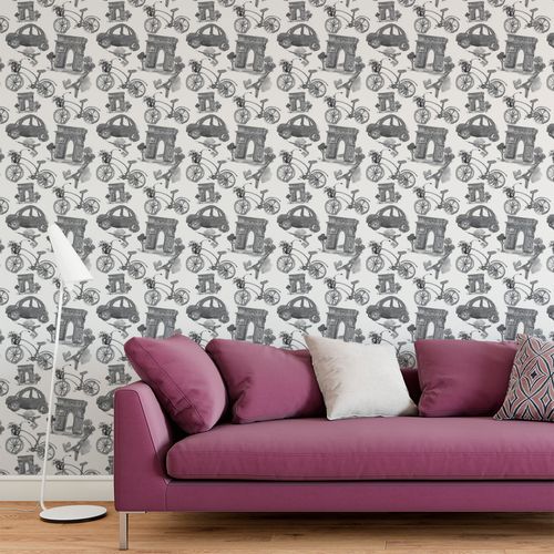Papel de Parede Adesivo Casual Europeu Paris Bicicleta Branco e Cinza - Medidas: 48 x 300 cm