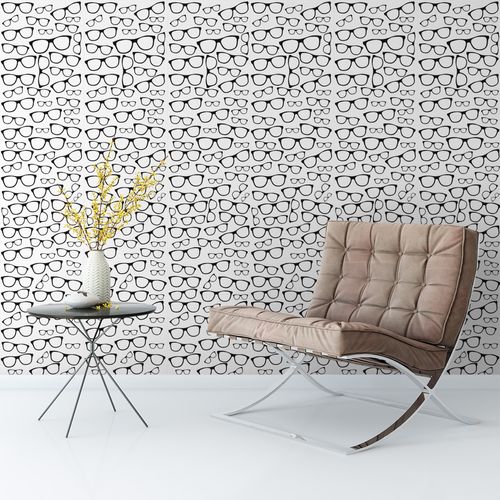 Papel de Parede Adesivo Casual Branco Óculos Preto Ótica - Medidas: 48 x 300 cm