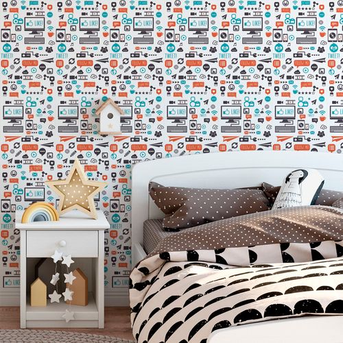 Papel de Parede Adesivo Casual Redes Sociais Likes Wifi Branco - Medidas: 48 x 300 cm