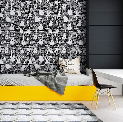Papel de Parede Adesivo Casual Preto e Branco Bandas de Rock - Medidas: 48 x 300 cm
