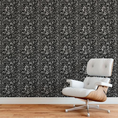 Papel de Parede Adesivo Casual Preto e Branco Letras Alfabeto - Medidas: 48 x 300 cm