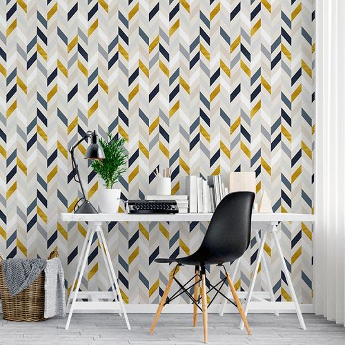 Papel de Parede Adesivo Chevron Azul Dourado Cinza