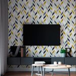 Papel de Parede Adesivo Chevron Azul Dourado Cinza aplicado em parede de sala de estar