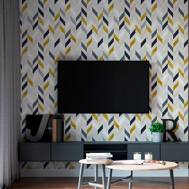 Papel de Parede Adesivo Chevron Azul Dourado Cinza aplicado em parede de sala de estar