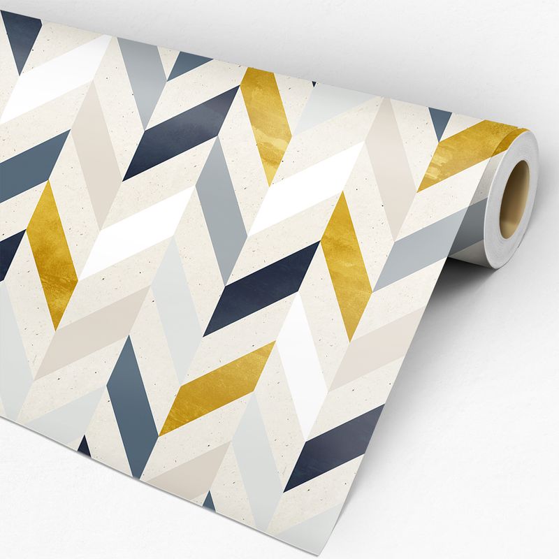 Rolo de Papel de Parede Adesivo Chevron Azul Dourado Cinza