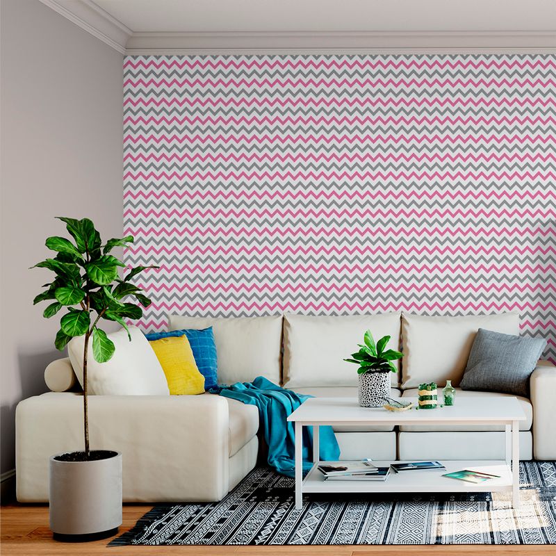 Papel de Parede Adesivo Chevron Rosa e Cinza