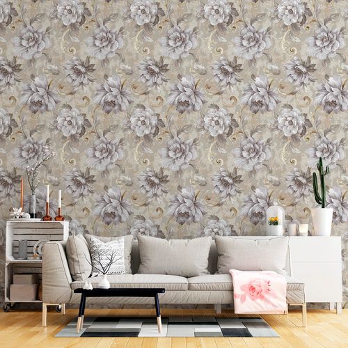 Papel de Parede Adesivo Floral Bege e Cinza - Medidas: 48 x 300 cm