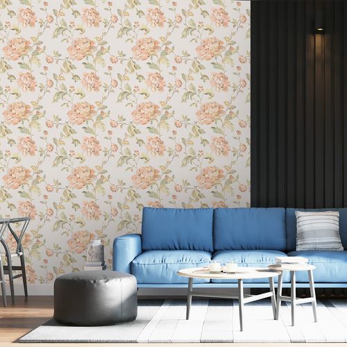 Papel de Parede Adesivo Floral Bege e Flores Coral - Medidas: 48 x 300 cm
