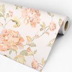 Papel de Parede Adesivo Floral Bege e Flores Coral