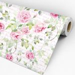 Papel de Parede Adesivo Floral Bege e Flores Rosas