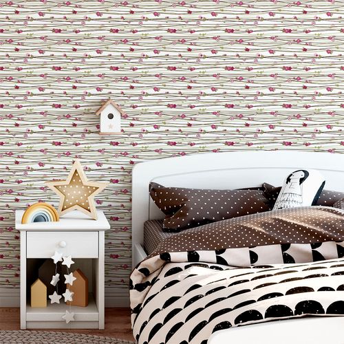 Papel de Parede Adesivo Floral Bege e Flores Rosas com Galhos - Medidas: 48 x 300 cm